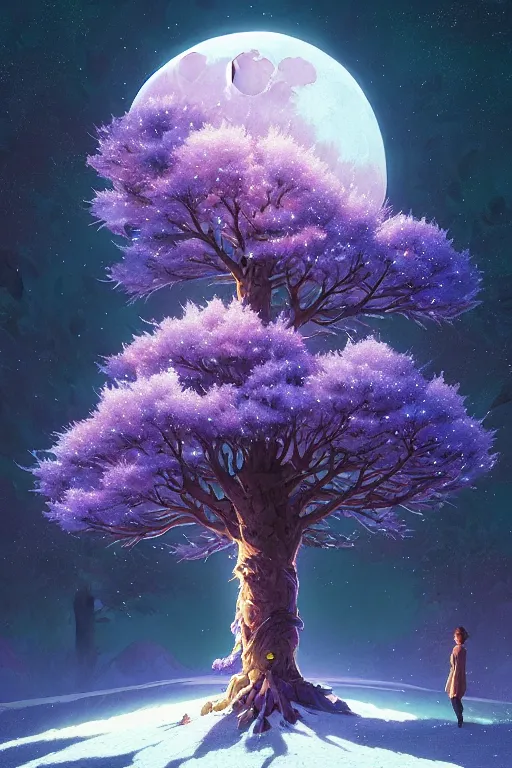 Image similar to giant tree in snow with purple flowers on surface of the moon, unreal engine, fantasy art by greg rutkowski, loish, rhads, ferdinand knab, makoto shinkai and lois van baarle, ilya kuvshinov, rossdraws, tom bagshaw, global illumination, radiant light, detailed and intricate environment