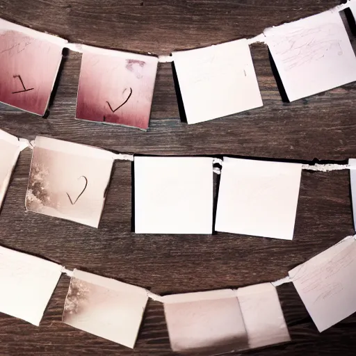 Image similar to instant photograph of love letters on a dark wood table, polaroid, light leak, depth of field