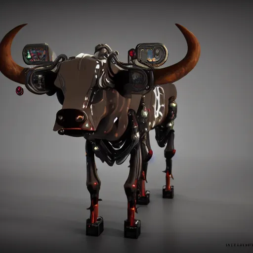 Image similar to cyberpunk style robotic cow, high detail, digital art, concept art, octane render, unreal render 4 k