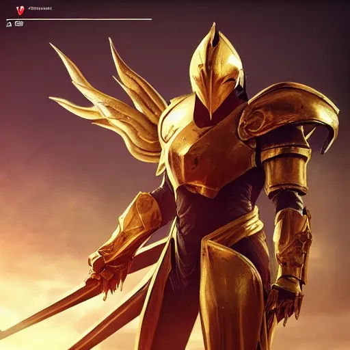 Image similar to “ gold armor azir fan art fantasy armor cinematic shot dynamic pose red glowing lines deviant art art station 4 k octane render bloom effect war frame fanart destiny 2 fanart ”