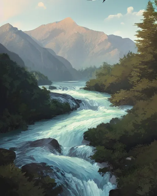 Image similar to mountaintop river flat illustration by wlop trending on artstation