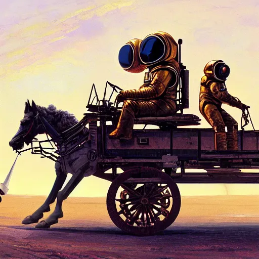 Prompt: аn anthropomorphic astronaut horse is being driven by a man on a cart, hyperrealism, no blur, 4 k resolution, ultra detailed, style of ron cobb, adolf hiremy - hirschl, syd mead, ismail inceoglu, rene margitte