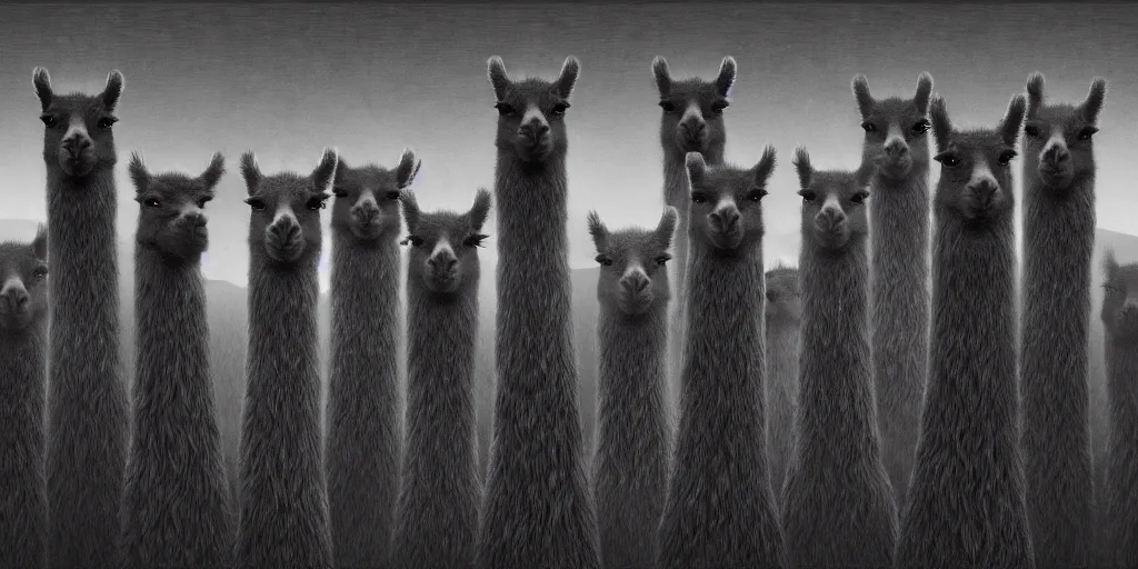 Image similar to a gang of llama banditos, fantasy, intricate, artstation, sharp focus, digital art, zdzisław beksinski, gustave dore, caravaggio, abduzeedo