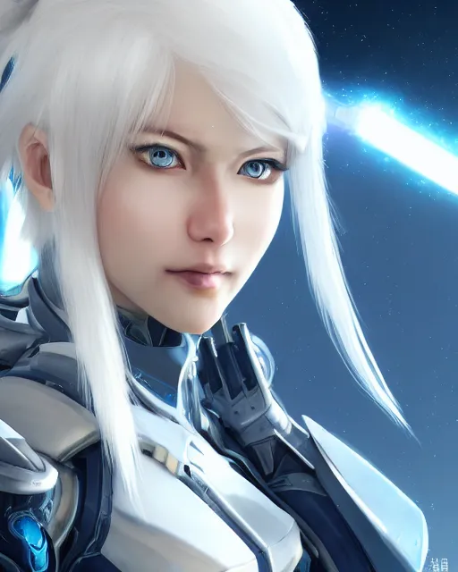 Image similar to perfect white haired girl, warframe armor, beautiful, dreamy, half asian, pretty face, blue eyes, detailed, sunny day, scifi platform, front lit, laboratory, experiment, 4 k, ultra realistic, epic lighting, cinematic, high detail, masterpiece, by masayoshi tanaka, akihiko yoshida, kazuya takahashi