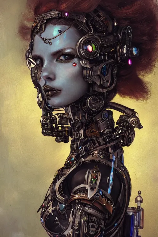 Image similar to portrait of beautiful young gothic cyborg maiden, cyberpunk, Warhammer, highly detailed, artstation, illustration, art by Gustav Klimt