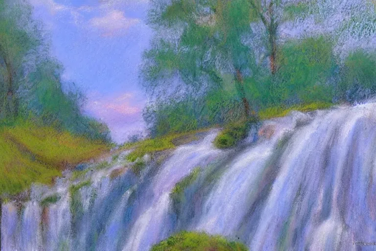 Image similar to beautiful landscape, waterfall, impressionist, masterpiece, pastel, muted