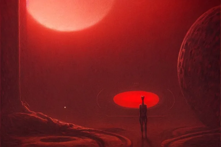 Image similar to only with red, a red god of death eat apple, a futuristic city on mars in background, floor are worms, in the style of beksinski, part by hopper, part by rodcenko, part by hofbauer, intricate composition, red by caravaggio, insanely quality, highly detailed, masterpiece, red light, artstation