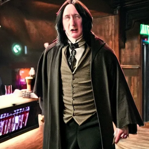 Image similar to Severus Snape dances in a bar, neon, realistic, full body, very detailed, super realistic, dramatic movement