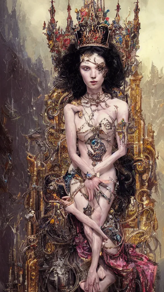 Prompt: painting of a beautiful black haired woman with pale skin and a crown on her head sitted on an intricate metal throne, illustration, artistic, colorful, hyper detailed, in the style of greg rutkowski,