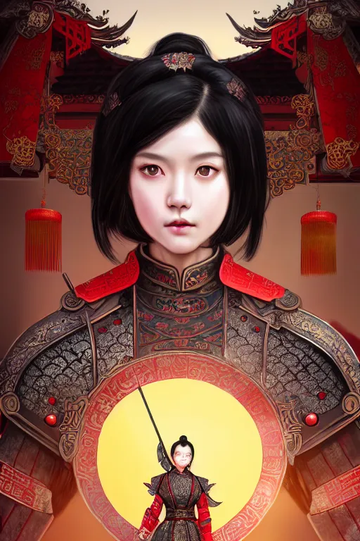 Prompt: portrait black hair young knights of Dynasty Warriors girl, metallic red mirror armor, in ruin chinese temple rooftop sunset, ssci-fi and fantasy, intricate and very beautiful and elegant, highly detailed, digital painting, soft light, artstation, concept art, smooth and sharp focus, illustration, art by tian zi and WLOP and alphonse mucha