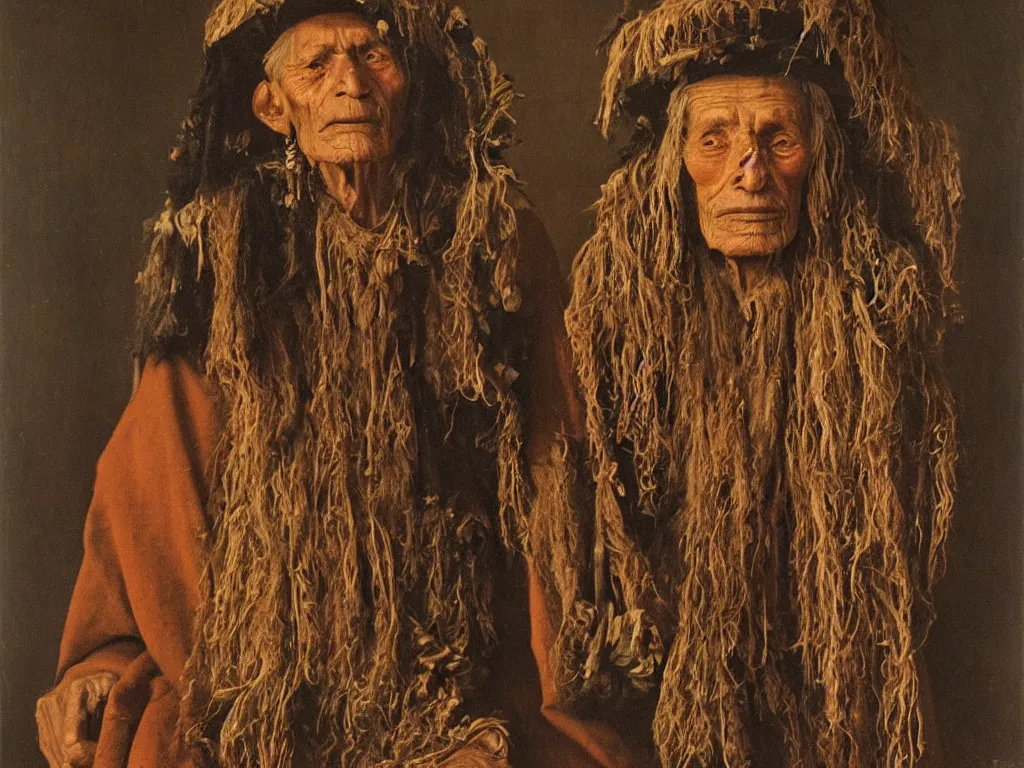 Image similar to portrait of an old Ayahuasca shaman. Painting by Jan van Eyck, August Sander.