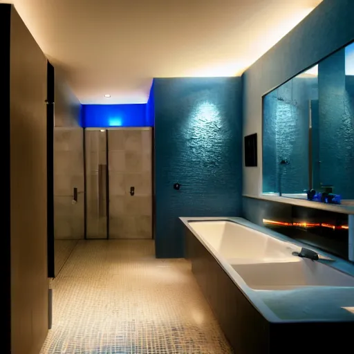 Prompt: exotic blue bathroom, cinematic, cinematic lighting