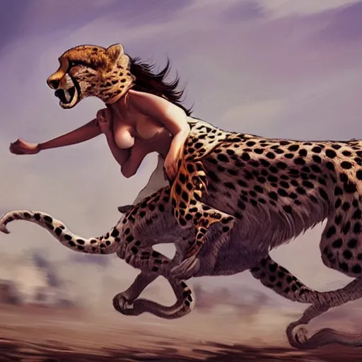 Prompt: girl riding a cheetah on a race track, trending on artstation