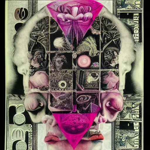 Image similar to post - punk new age album cover, asymmetrical design, dollar bank notes, capitalism, magic, apocalypse, psychedelic, black white pink, magic, giger h. r., giuseppe arcimboldo