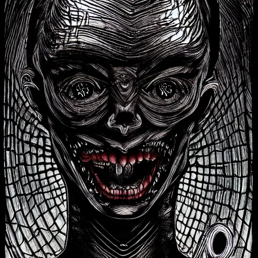 Image similar to a dark humanoid, hyper detailed, in the style of h. r. giger and junji ito and h. r. giger and junji ito, selfie