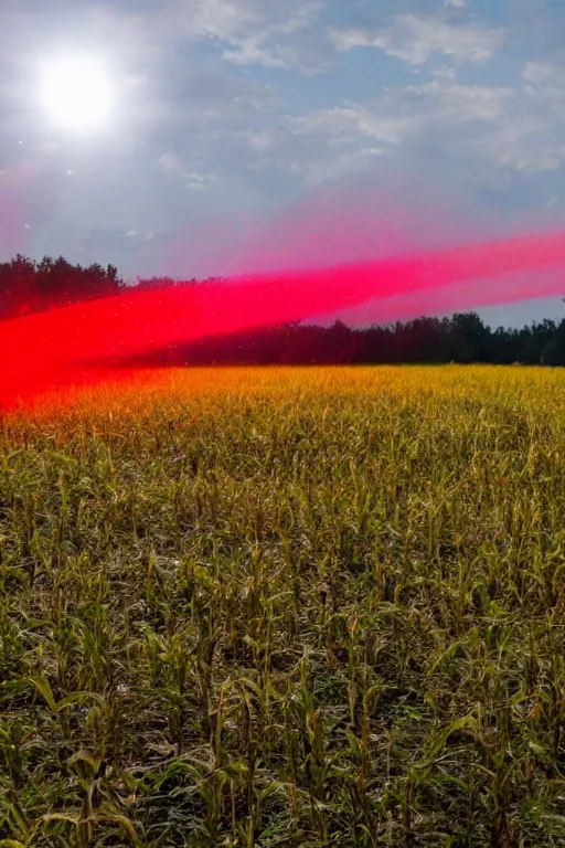 Image similar to Three giant glowing red beacons made out of light in the center of a corn field blasting off into space, 8K UHD