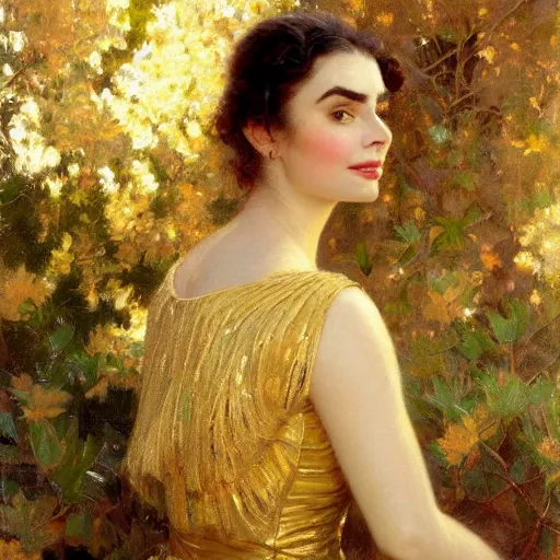 Prompt: detailed portrait of lilly collins in gold clothes, spring light, painting by gaston bussiere, craig mullins, j. c. leyendecker