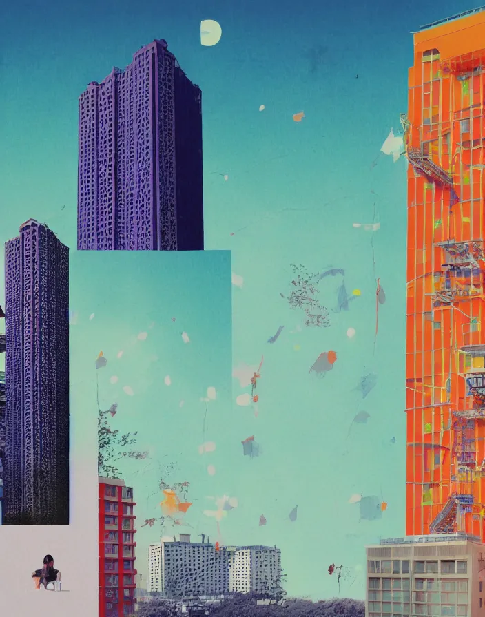 Image similar to fukuoka tower, a collage painting, in the style of wes anderson, lola dupre, david hockney, isolated on negative white space background dark monochrome fluorescent spraypaint accents volumetric octane render, no double figure