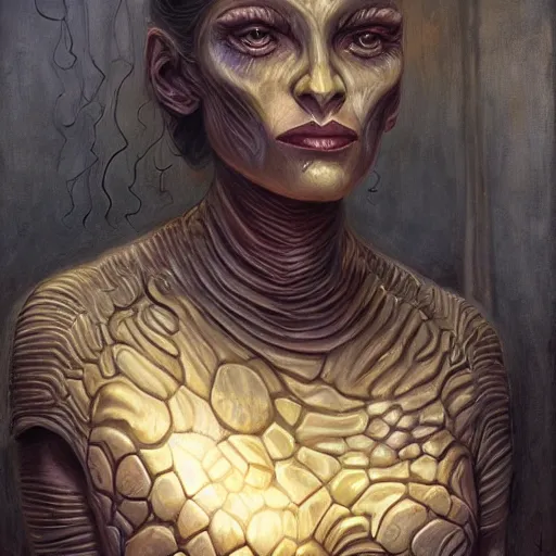 Image similar to detailed face of a woman with obsidian eyes in a biomorphic courtyard with dna sculptures at a science expo, atmospheric, ambient, pj crook, syd mead, livia prima, artgerm, greg rutkowski, nick alm, casey baugh