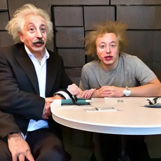 Prompt: photo of elon musk and albert einstein sitting next to each other at a table with stacks of dogecoin