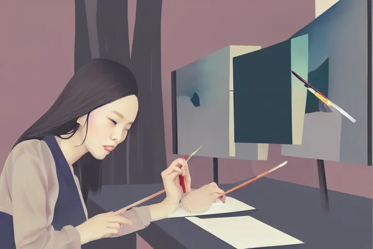 Image similar to beautiful illustration of a female artist painting an artwork on a computer screen by Hsiao-Ron Cheng, trending on art station