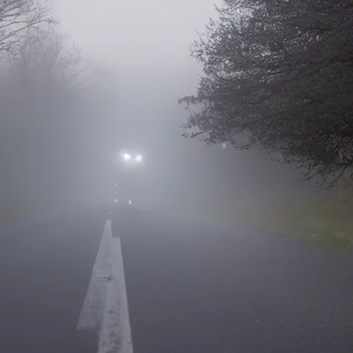 Image similar to mist, there\'s a shadowy figure on the road it has red glowing eyes