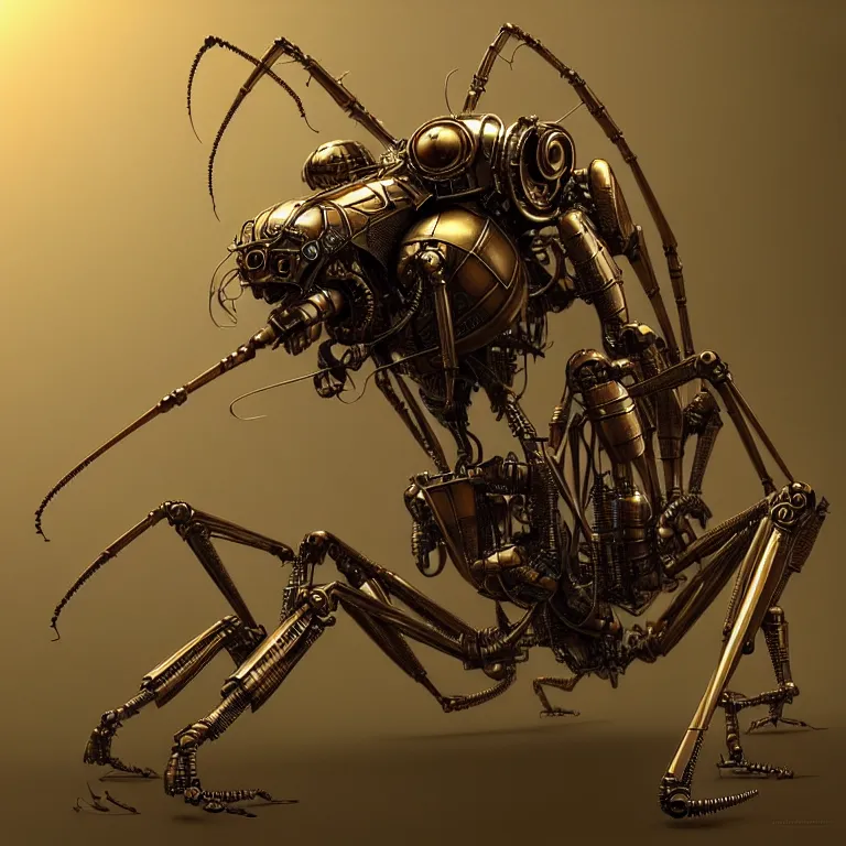 Image similar to steampunk robot mantis, 3 d model, unreal engine realistic render, 8 k, micro detail, intricate, elegant, highly detailed, centered, digital painting, artstation, smooth, sharp focus, illustration, artgerm, tomasz alen kopera, wlop