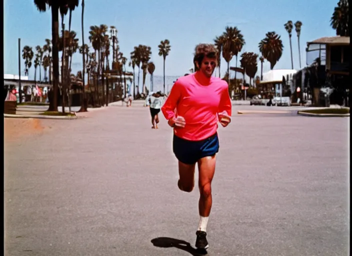 Image similar to color photo. handsome man jogging in the 8 0's. venice beach
