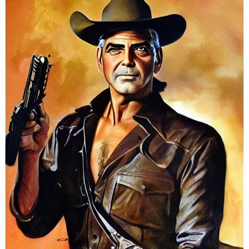 Prompt: ultra realistic portrait painting of a sexy george clooney as a western outlaw, art by frank frazetta, 4 k, ultra realistic, highly detailed, epic lighting