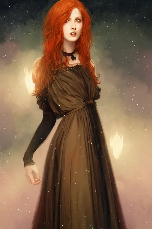 Image similar to Nocturne, glowing, stars, a long-legged occultist woman, long auburn hair, choker, highly detailed, mysterious, ethereal, sigils, haute couture, illustration, dramatic lighting, soft details, painting, by Edmund Blair Leighton, Brom, Charlie Bowater, trending on artstation, faces by otto schmidt