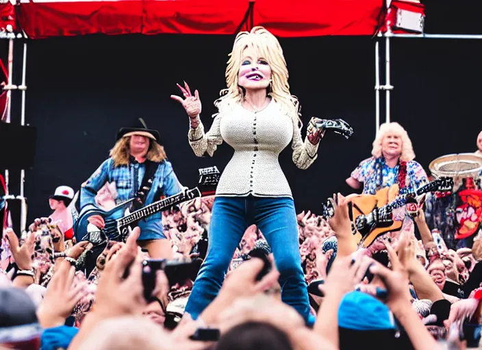 Image similar to photo still of dolly parton at the vans warped tour 2 0 1 8!!!!!!!! at age 3 6 years old 3 6 years of age!!!!!!!! stage diving into the crows, 8 k, 8 5 mm f 1. 8, studio lighting, rim light, right side key light
