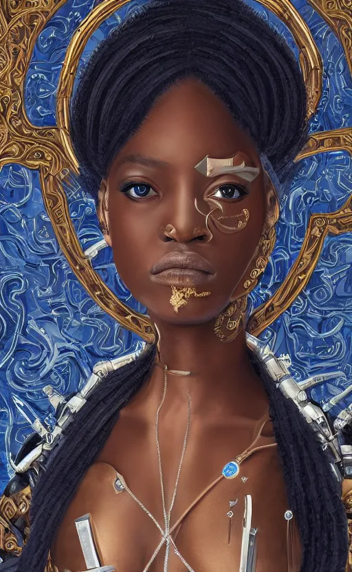 Prompt: young cyborg princess, ebony skin, young muse, piercing glowing eyes, elegant, striking composition, ornate royal gown, highly detailed ornate sci fi background, mural in the style of sandro botticelli, caravaggio, albrecth durer, 8k