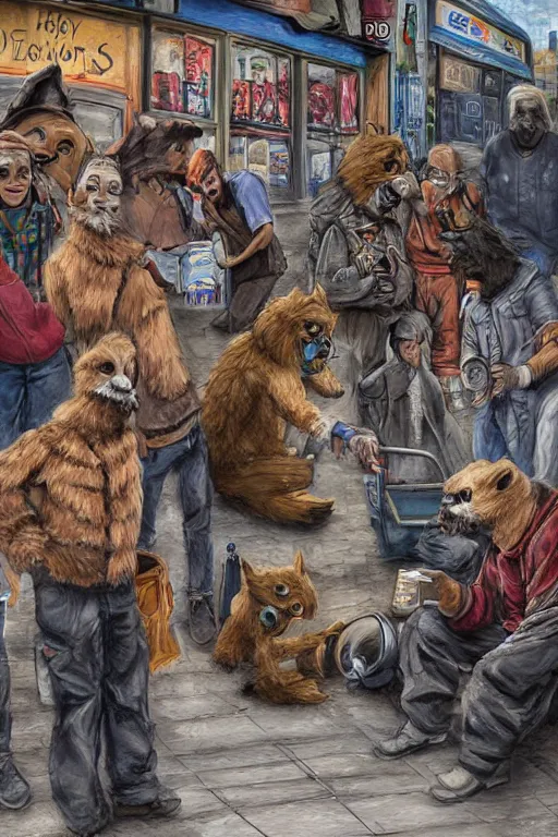 Image similar to hobo human artist drawing furries for booze, dirty street. symmetry, awesome exposition, very detailed, highly accurate, intricate, professional lighting diffracted lightrays, studio photo, 8 k, sense of awe, news broadcast screencapture