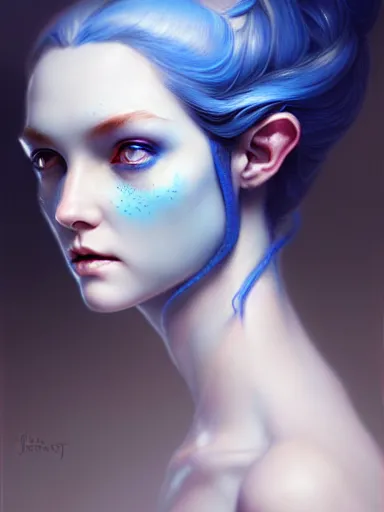 Image similar to the elven queen with blue skin by james jean, charlie bowater, tom bagshaw, nikolay makovsky : : enchanting, ethereal, magical, portrait, character design, illustration, hyperrealism, photorealism, digital art, concept art, fantasy, whimsy, weta, wlop, artstation