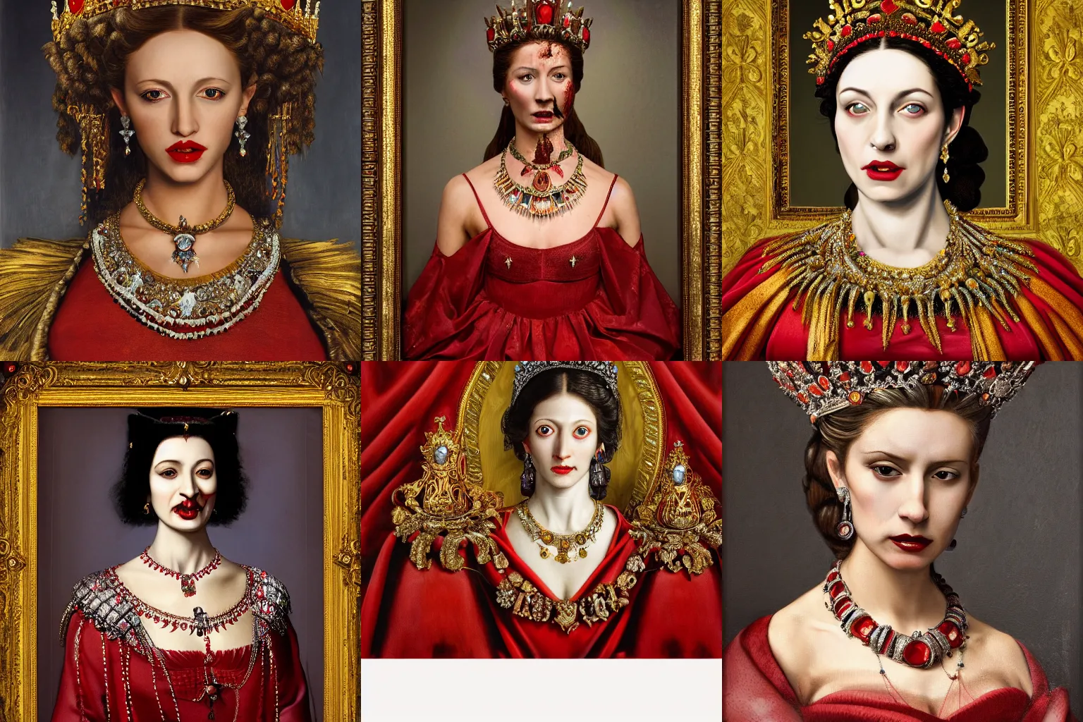 Image similar to A extremely highly detailed majestic hi-res beautiful head and shoulders painting of a beautiful bloody vampre woman with fangs wearing a long royal red silk dress, the crown jewels is on her head and around her neck is a ornate golden necklace decorated with diamonds and rupees by Michelangelo Merisi da Caravaggio, high detail, hyperrealistic, photorealistic, octante render, cinematic, high textures, royaltly, royal, hyper sharp, 4k insanely detailed and intricate, hypermaximalist, 8k, hyper realistic, super detailed, 4k HDR hyper realistic high,