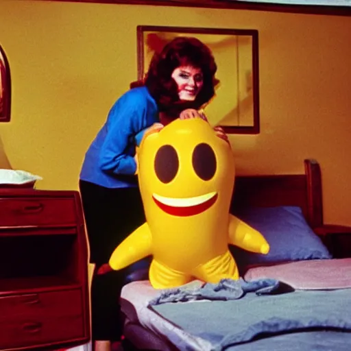 Image similar to bored housewife meets a smiley inflatable toy in a seedy motel room, 1978 color Fellini film, ugly motel room with dirty walls and old furniture, archival footage, technicolor film, 16mm, live action, John Waters, campy and colorful