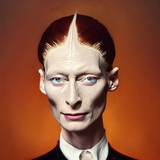 Image similar to ultra realistic portrait painting of tilda swinton as lord voldemort, art by frank frazetta, 4 k, ultra realistic, highly detailed, epic lighting