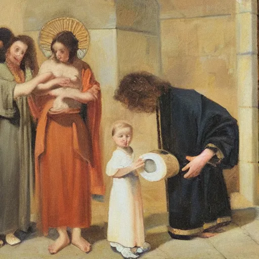 Image similar to a child being baptised, oil painting