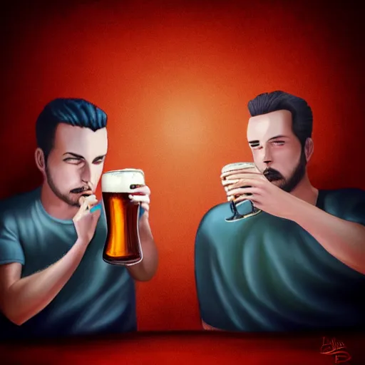 Prompt: two beautiful men drinking beer, red hearts, sadness, dark ambiance, concept by Godfrey Blow, featured on deviantart, drawing, sots art, lyco art, artwork, photoillustration, poster art