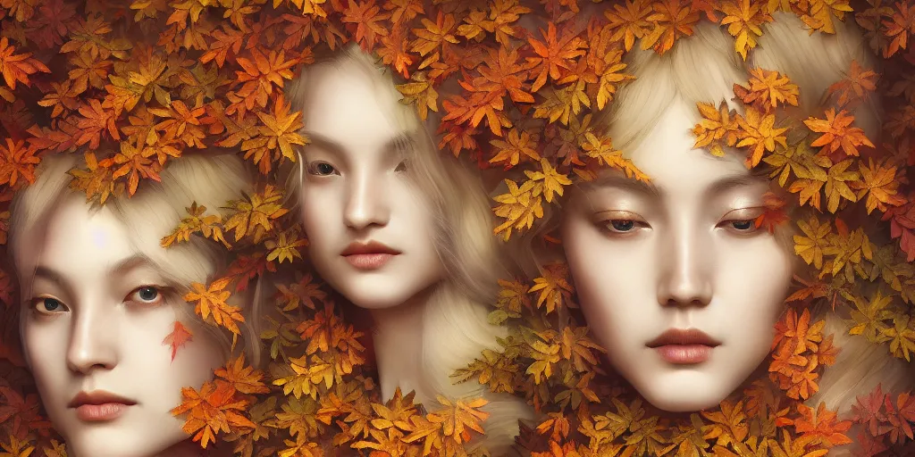 Image similar to breathtaking detailed concept art painting art deco pattern of blonde goddesses faces blend with autumn leaves, by hsiao - ron cheng, bizarre compositions, exquisite detail, extremely moody lighting, 8 k