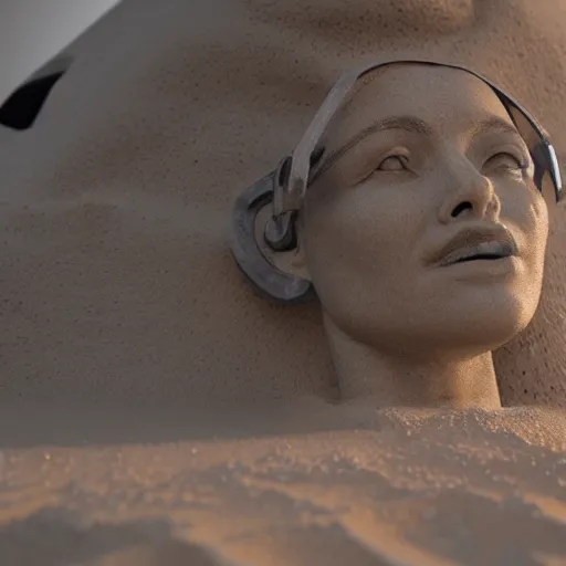 Image similar to the head of a marble cybernetic lady justice statue wearing a virtual reality headset on ground covered in sand, cyberpunk background, highly detailed, epic lighting, hyper photorealism, 8 k