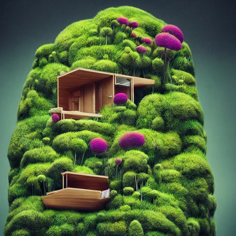 Prompt: tiny house by kengo kuma on island sea cloud surreal art by jason naylor, very coherent, sharp, colorful high contrast, dark shadows, hard lighting, floralpunk flower green plants garden, inking etching screen print, hd, 8 k hyper detailed, octane render