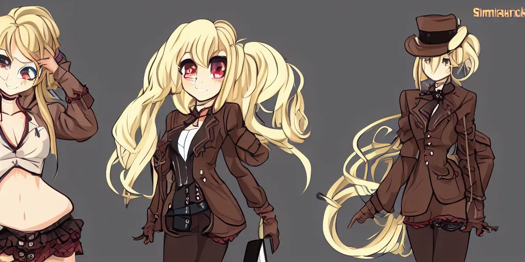 Image similar to visual novel character sprite of a blonde haired steampunk detective girl, 2 d,