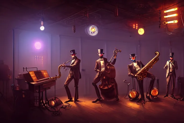 Image similar to 3 steampunk robot jazz musicians playing at a night club, focus on the musicians, cinematic lighting, exaggerated detailed, unreal engine, octane render, trending on artstation, art by greg rutkowski and andreas rocha