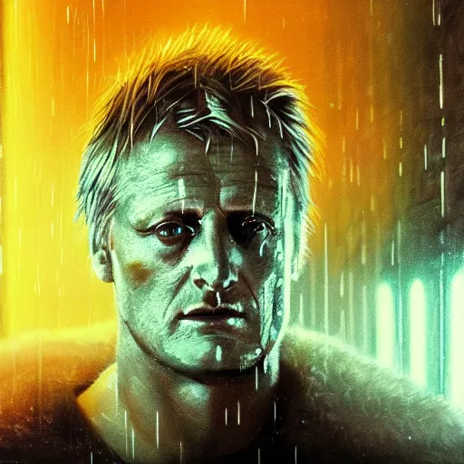 Prompt: cinematic portrait of rutger hauer in blade runner, perfect face, neon rain, moody, elegant, by alyssa monks, highly detailed, symmetrical face, fine details, masterpiece, trending on artstation