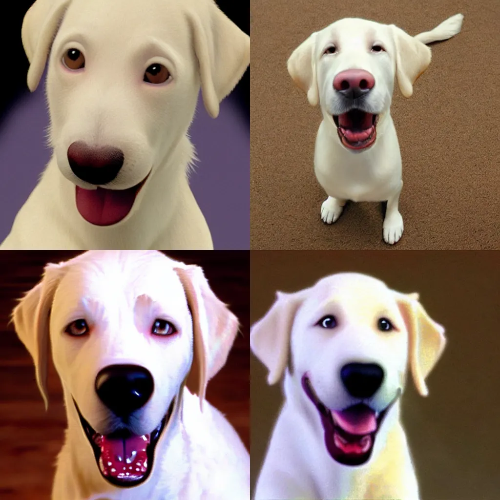 Prompt: white labrador retriever face, excited, pixar style