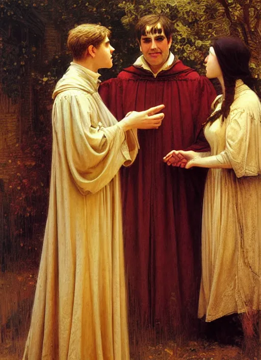 Prompt: dante and beatrice speak to the teachers of wisdom thomas aquinas from dante's divine comedy. highly detailed painting by gaston bussiere, craig mullins, j. c. leyendecker 8 k