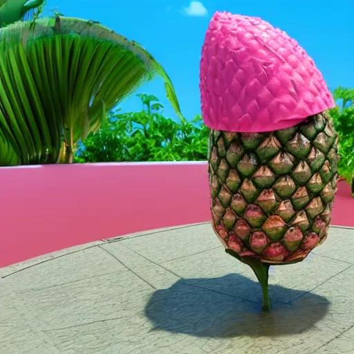 Image similar to 3 d render of a hovering pink pineapple against a pink backdrop with slight sadow underneath ophotorealistic, 4 k, cgsociety, blender, unreal engine 5, sharp details, 3 0 0 dpi