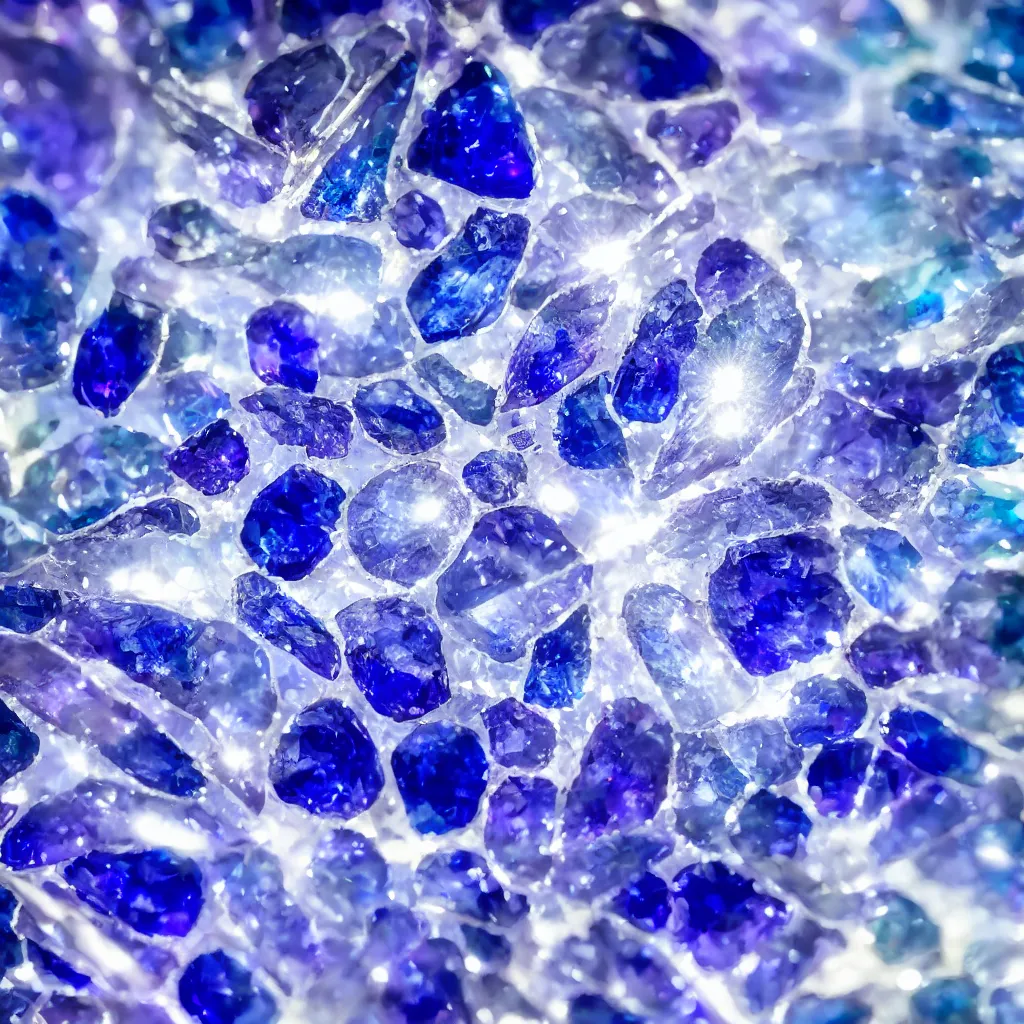 Image similar to photorealistic macro photograph of a translucent sapphire shining clear gemstone, vivid colors, moody, 4k