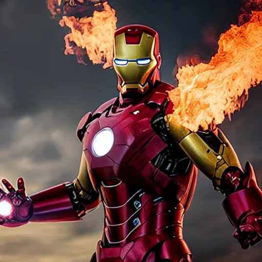 Image similar to < photo hd stunning gritty reimagined gaze = camera > iron man with a flamethrower, burning city in the background < / photo >